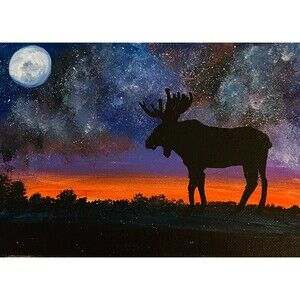 Elk Painting Starry Night Galaxy Art 5x7" Original Fine Art Hardboard Oil